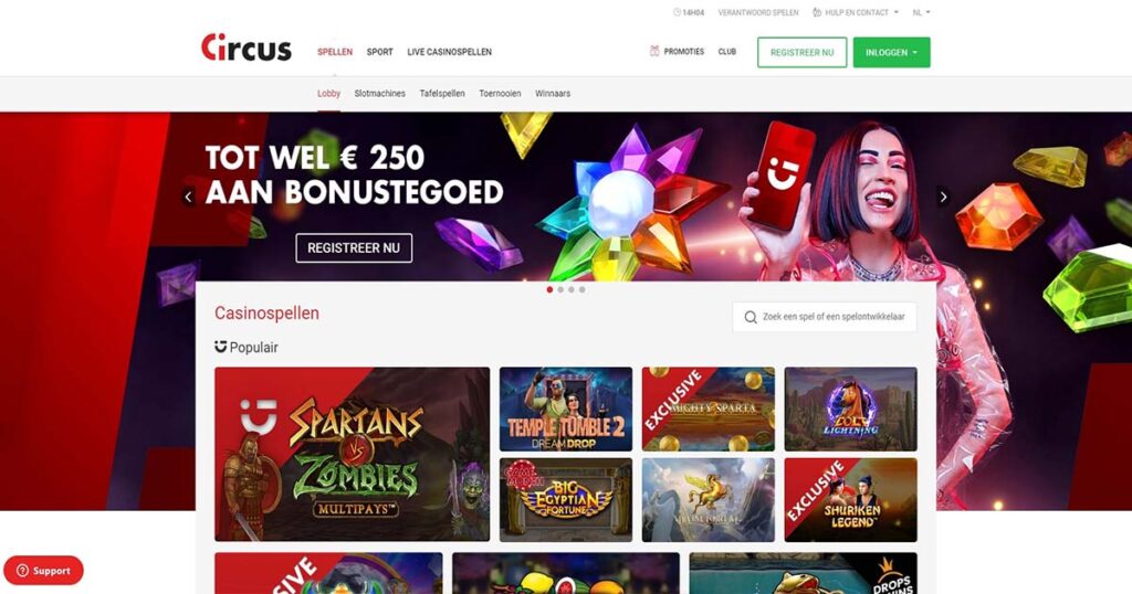 Screenshot van circus casino spellen pagina voor circus casino review