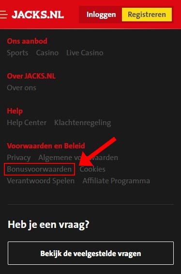 screenshot met uitleg om bonusvoorwaarden te vinden bij jack's casino