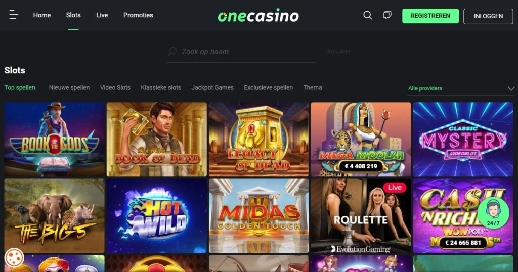 screenshot van one casino casino spellen pagina voor one casino review