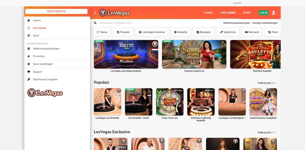 LeoVegas Nederlands live casino pagina